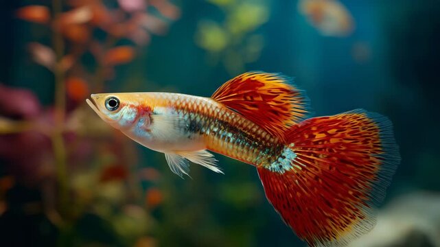 Exquisite Guppy in Aquatic Paradise: A vibrantly colored guppy, with its delicate fins and unique patterns, gracefully navigates an underwater realm amidst the lush greenery, its elegance captivating.