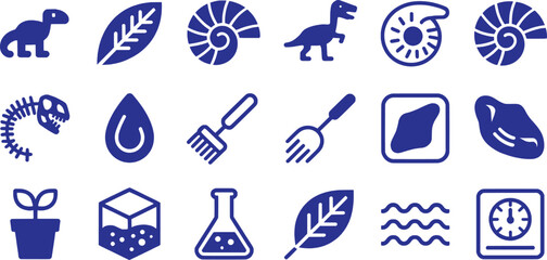 Dinosaur skeleton leaf ammonite fossil water drop fork beaker plant cube waves meter vector