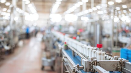 Industrial production line with blurred background in manufacturing plant