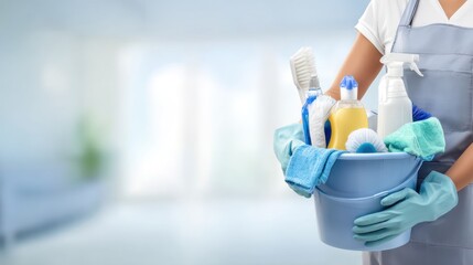 Person Holding Cleaning Supplies in Bucket for Domestic Cleaning Tasks