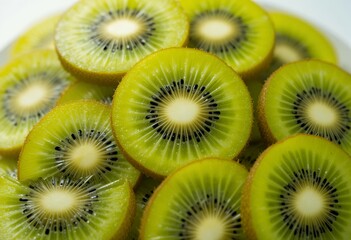 close up of fresh vibrant sliced kiwifruit showing detailed texture and radial pattern