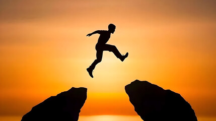 man silhouette jump between two cliffs