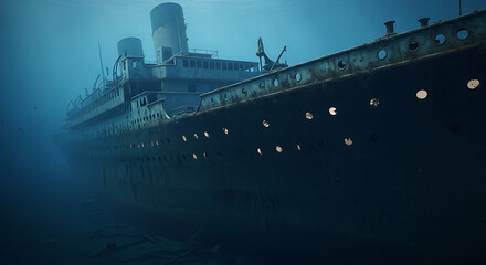 Fototapeta premium Underwater Shipwreck on Ocean Floor – Sunken Vessel in Deep Sea