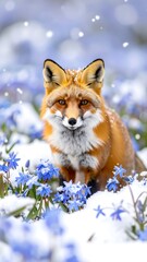 Fototapeta premium Winter fox amidst blue flowers