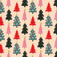 Abstract seamless pattern of hand drawn Christmas trees. Background for wrapping paper. Concept of New Year and winter season celebration.