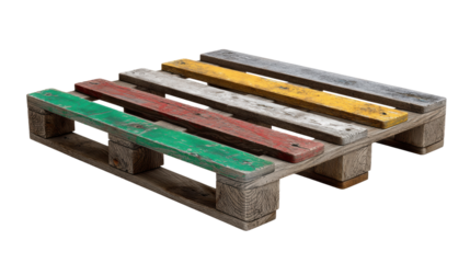 Wooden pallet isolated transparent background with colorful worn planks red green yellow and gray