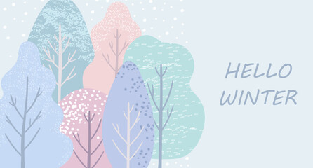 Winter greeting, banner with space for text on light blue background with abstract trees in pastel colors. Winter landscape illustration for greeting card design.