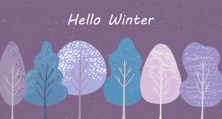 Bright horizontal winter banner. Snow-covered stylized trees on purple background with falling snowflakes, design concept for seasonal greeting card.