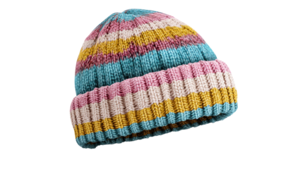 Knitted winter hat isolated on transparent background with colorful stripes and cozy texture