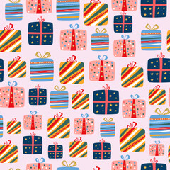 Holiday pattern with colorful gift box. Gift bag for holiday. Abstract festive background for greeting card, wrapping and fabric.