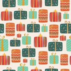 Seamless pattern with festive gift boxes. Colorful presents with bows and ribbons. Wrapping paper concept for a holiday or celebration.