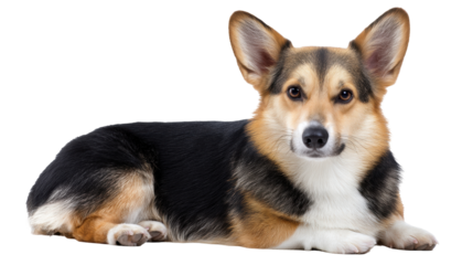 Corgi dog isolated on transparent background lying down calmly with alert expression