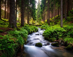 Obraz premium Tranquil mountain stream flowing through a dense forest. Sunlight filters through tall evergreen trees. Lush greenery and moss cover the forest floor