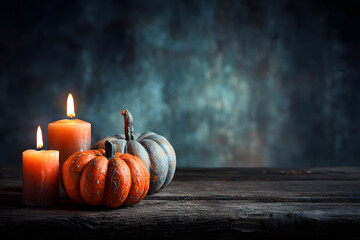 Warm Halloween scene with pumpkins and candles on table, blurred background