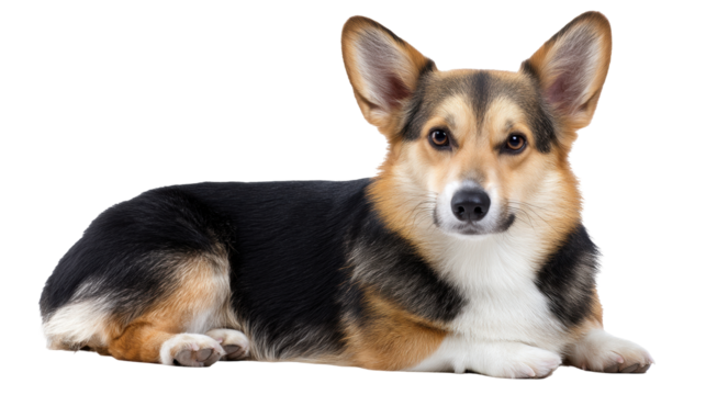 Corgi dog isolated on transparent background lying down calmly with alert expression