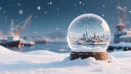 Snow Globe Featuring a Winter City Scene with Snowflakes and Cargo Ships in Background