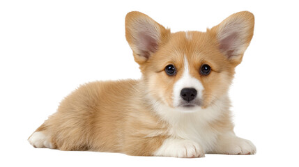Cute corgi puppy isolated on transparent background lying down with alert expression