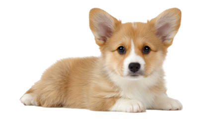 Cute corgi puppy isolated on transparent background lying down with alert expression