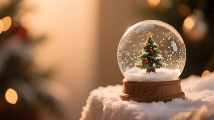 Snow Globe Featuring Miniature Christmas Tree Surrounded by Snow on Soft White Blanket