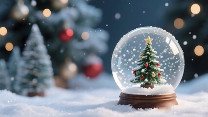 Snow Globe Featuring Miniature Christmas Tree Surrounded by Soft Snow and Glitter Against a Festive Background