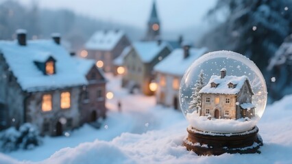 Snow Globe Featuring Miniature House with Snowflakes and Rural Village in Winter Scene