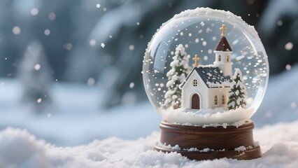 Snow Globe Featuring Small Church Surrounded by Snowy Trees in a Winter Wonderland