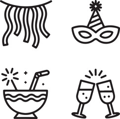 Obraz premium Black and White Line Art Illustration of Party Elements Featuring Streamers a Mask a Coconut Drink and Toasting Champagne Glasses for Celebrations and Festive Occasions