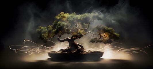 a light banyan bonsai , coming out of the smoke, generative AI