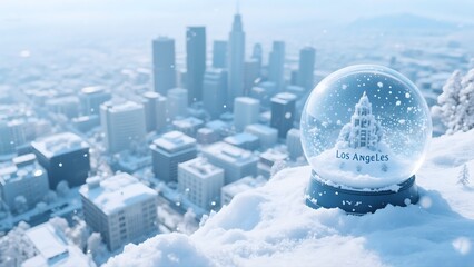 Snow Globe with a White Winter Scene Overlooking a Snowy Cityscape with Soft Blue Lighting