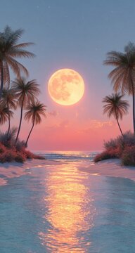 Tropical beach at sunset, full orange moon