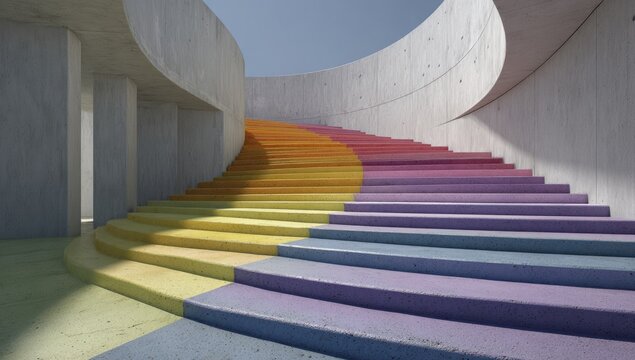 Colorful spiral concrete stairs in a modern architectural space