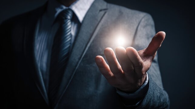A businessman extending his hand, symbolizing opportunity and innovation in a corporate setting.