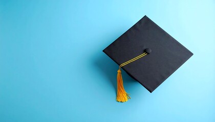 Black graduation cap with gold tassel on blue background
