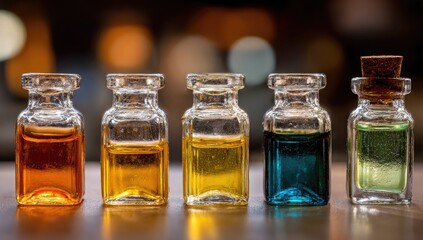 Small glass bottles of liquid in various colors lined up