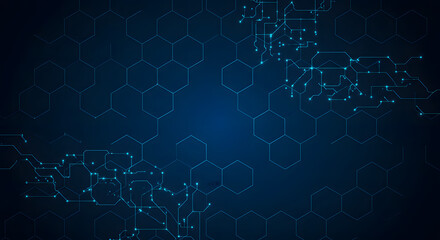 Fototapeta premium Blue futuristic background illustrating digital data flow and network connectivity with a circuit and honeycomb pattern.