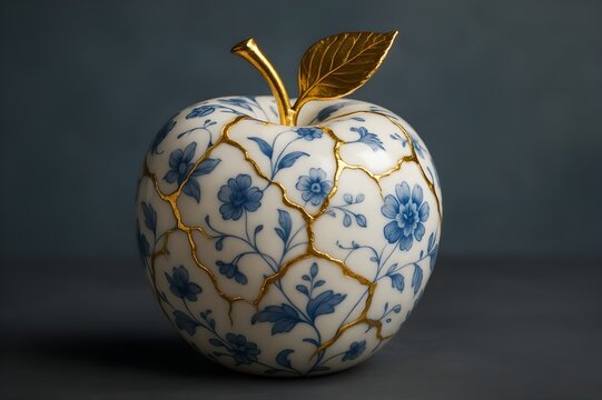 Porcelain apple with Kintsugi gold repair and blue floral pattern - Powered by Adobe
