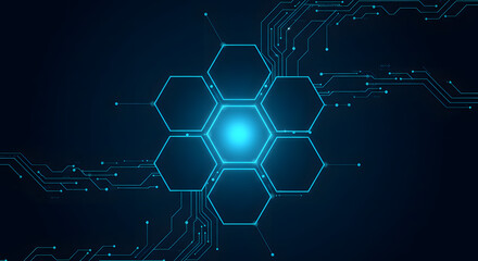 Futuristic technology concept with a glowing hexagonal structure on a digital circuit board background representing network innovation.