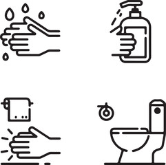 Set of hygiene icons illustrating hand washing using hand sanitizer drying hands with a towel and using the toilet all in a clean minimalist line