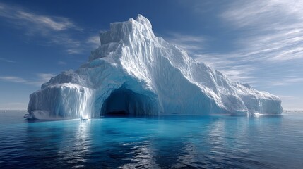 A magnificent iceberg with an arch floats in the clear blue ocean under a partly cloudy sky, showcasing the beauty of nature's frozen wonder.