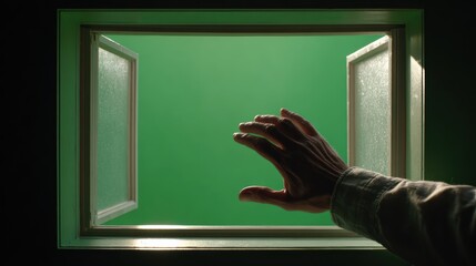 A hand reaches toward a green screen window, symbolizing innovation and opportunity in digital technology.