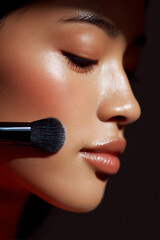 zoomed-in makeup process applying powder on jawline