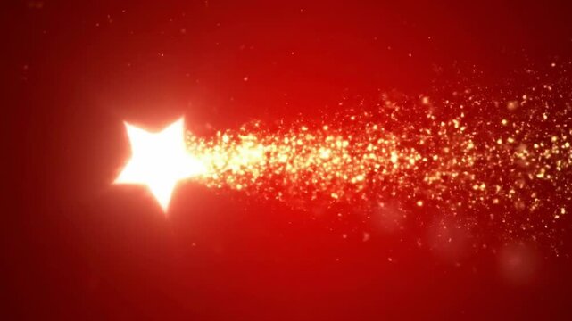A bright white star with a sparkling fiery trail on a red backdrop