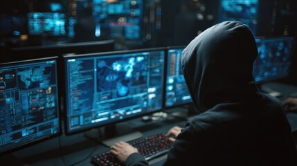 A focused developer working at a modern workstation, surrounded by a tech-inspired ambiance.