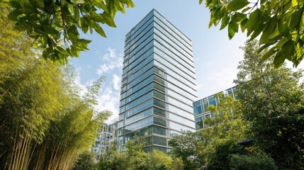 Obraz premium A modern glass building surrounded by lush greenery, showcasing innovative architecture and sustainable design.