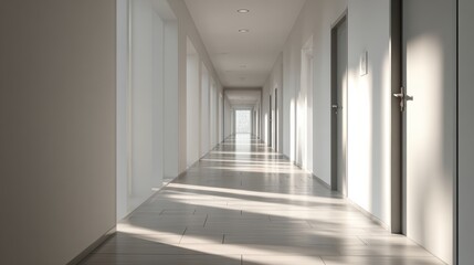 Fototapeta premium A modern hallway with natural light streaming through doors, creating a serene and spacious atmosphere.