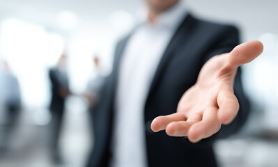 Close up of hands reaching out to grab something, business man in suit with open hand gesture for making offer or offering on office desk.