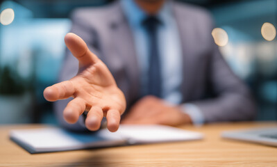 Close up of hands reaching out to grab something, business man in suit with open hand gesture for making offer or offering on office desk.