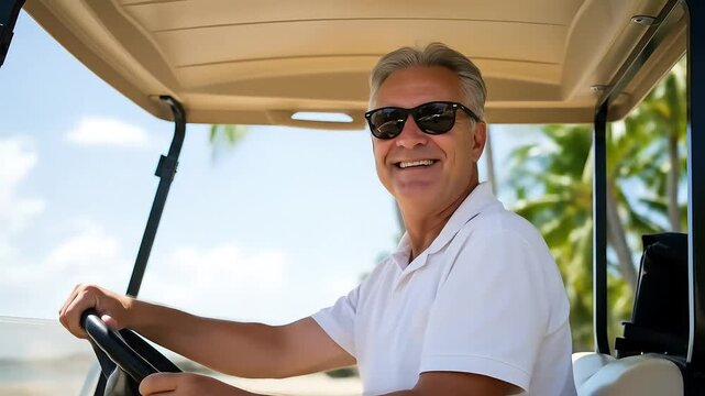 Happy Mature Man Driving Golf Cart On Beach with Sunglasses Under Sunny Sky
