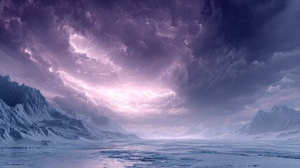 A vast frozen landscape with stormy purple clouds covering snowy mountains, creating a dramatic and atmospheric scene.