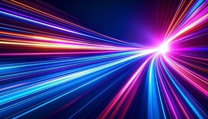 Colorful light streaks converging in dark tunnel with warp speed effect